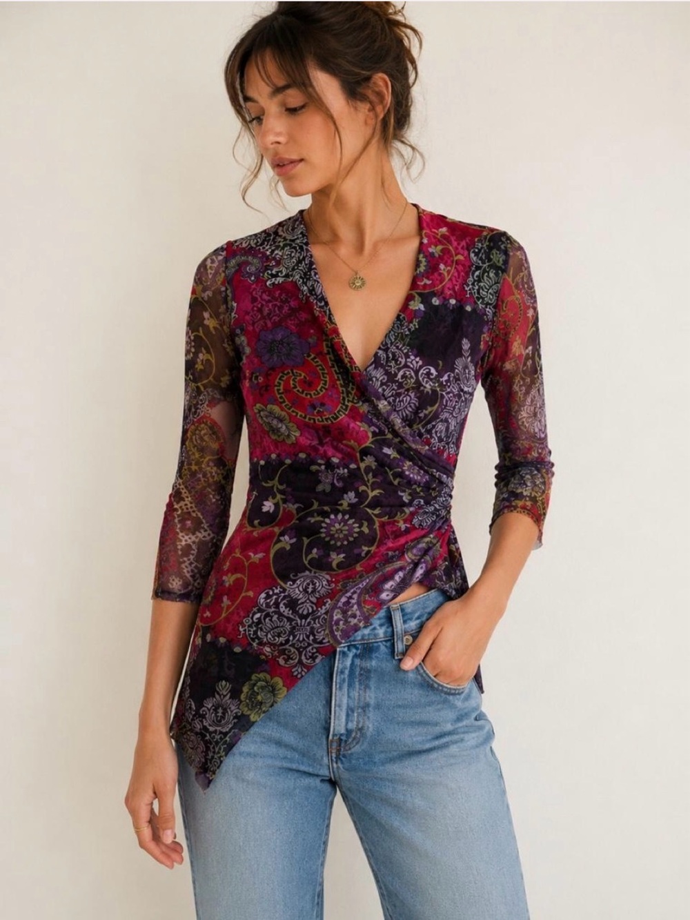 Johnny Heaven Mesh Faux Wrap Paisley Top Medium
